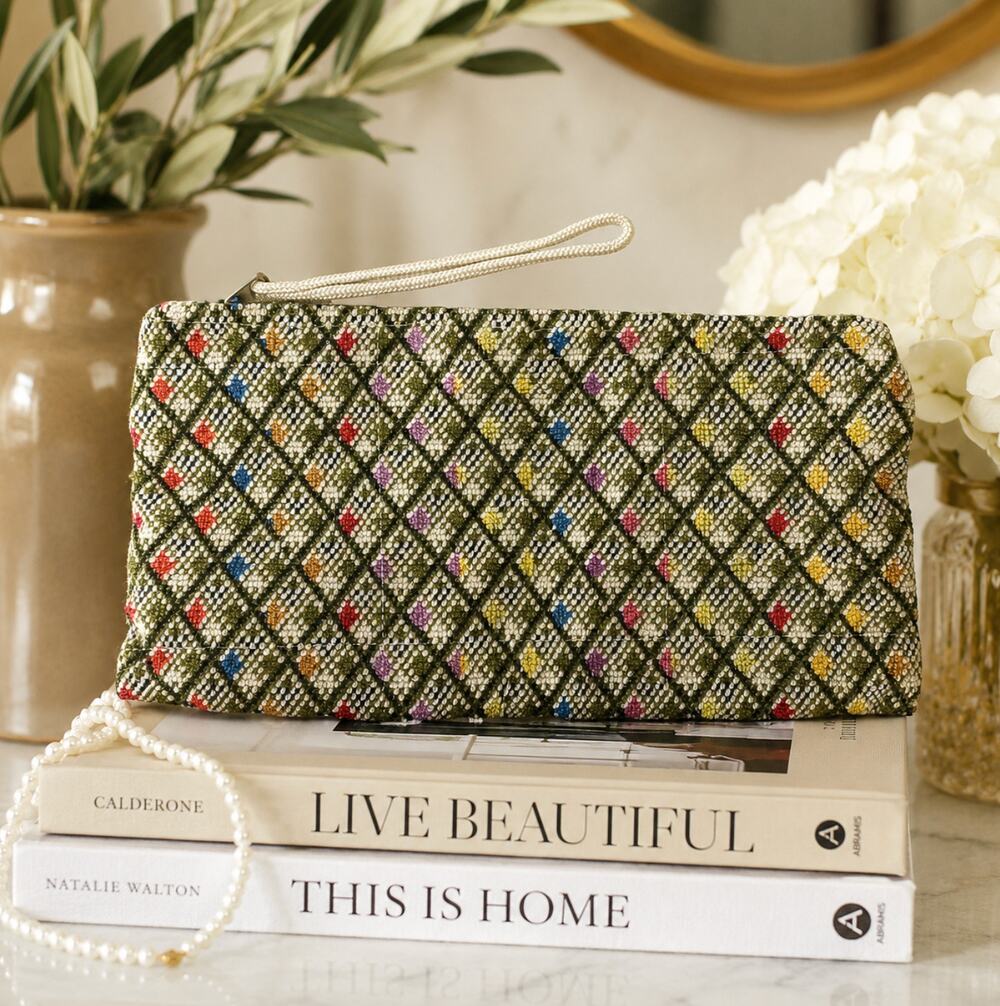 Vintage La Regale Hong Kong Tapestry Wristlet Clutch Multicolor Handmade Boho